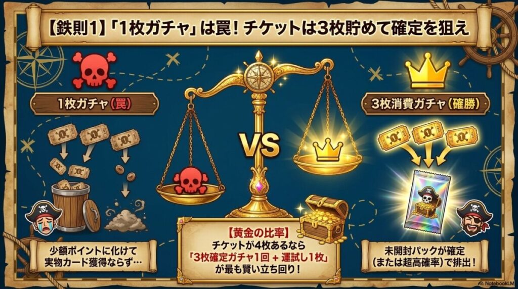 【鉄則1】1枚ガチャは罠！チケットは3枚貯めてワンピースのパック確定を狙え