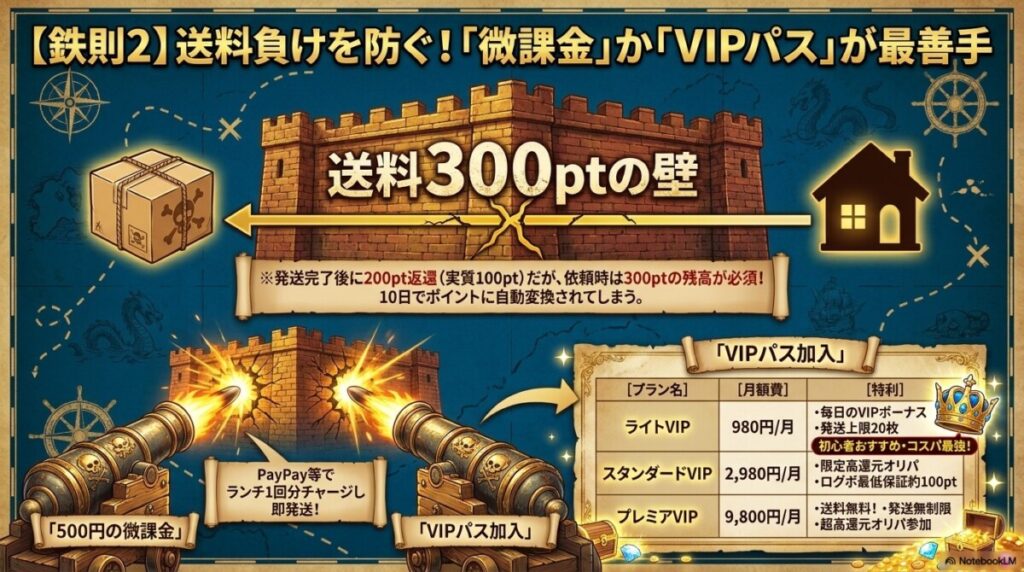 【鉄則2】送料負け（300pt）を防ぐ！微課金（500円）かVIPパス加入が一番お得